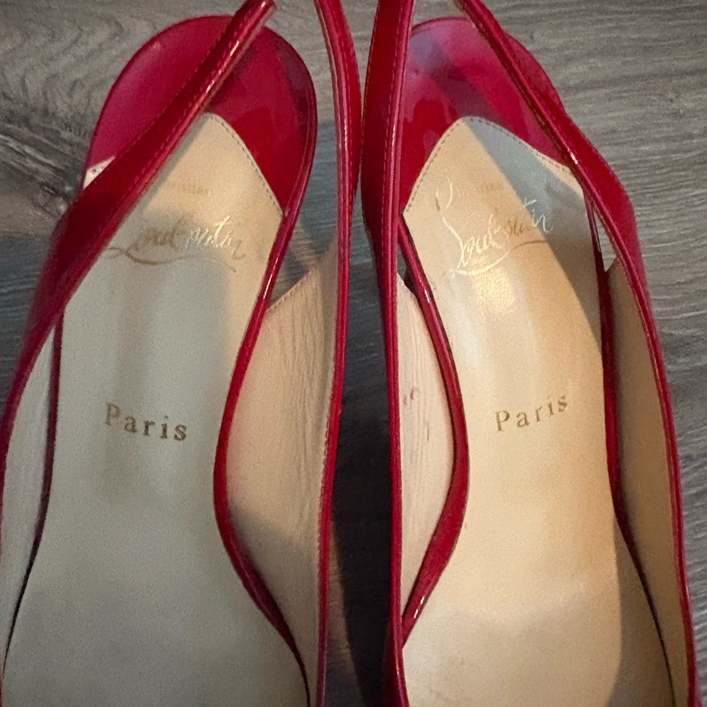 Christian Louboutin Red Patent Peep-Toe Slingbacks - Picture 2 of 7